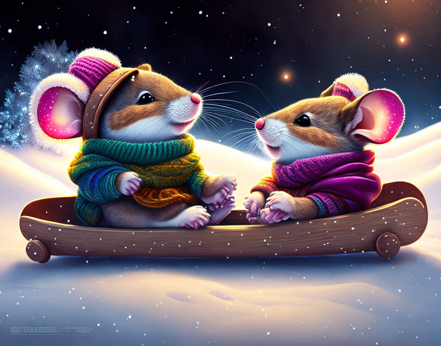 Cartoon mice in winter attire on wooden toboggan under starry sky
