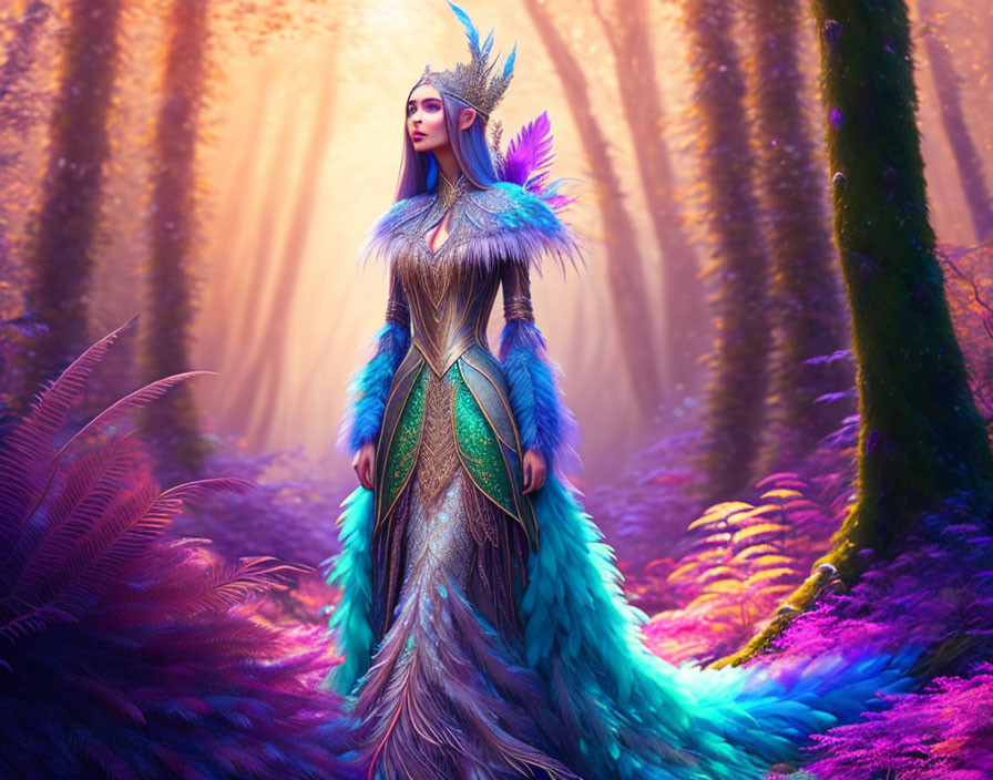 Regal figure in vibrant feathered gown in purple forest with sunlight.