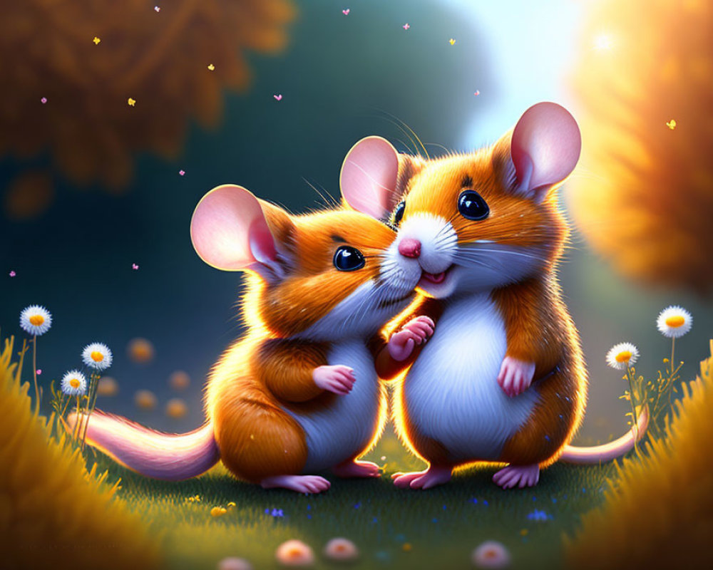 Chubby hamsters in serene meadow at sunset with daisies