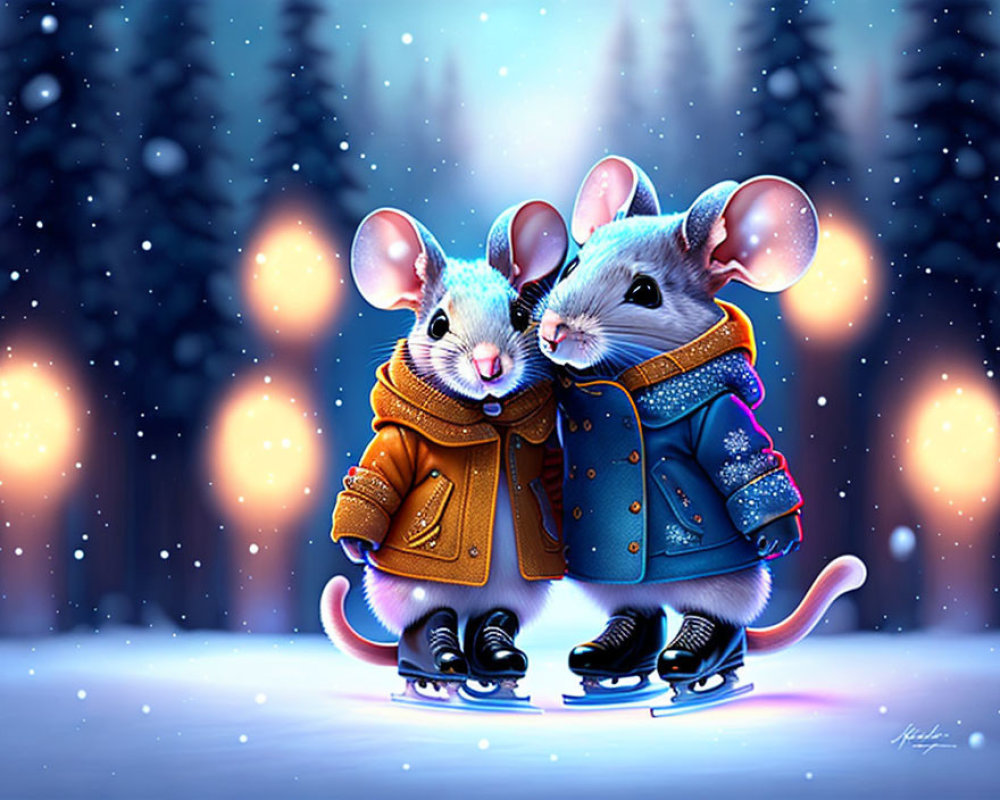 Cartoon Mice Ice Skating in Winter Twilight