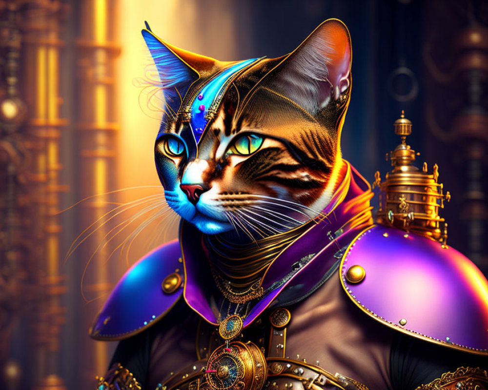 Regal cat in vibrant armor on golden steampunk backdrop