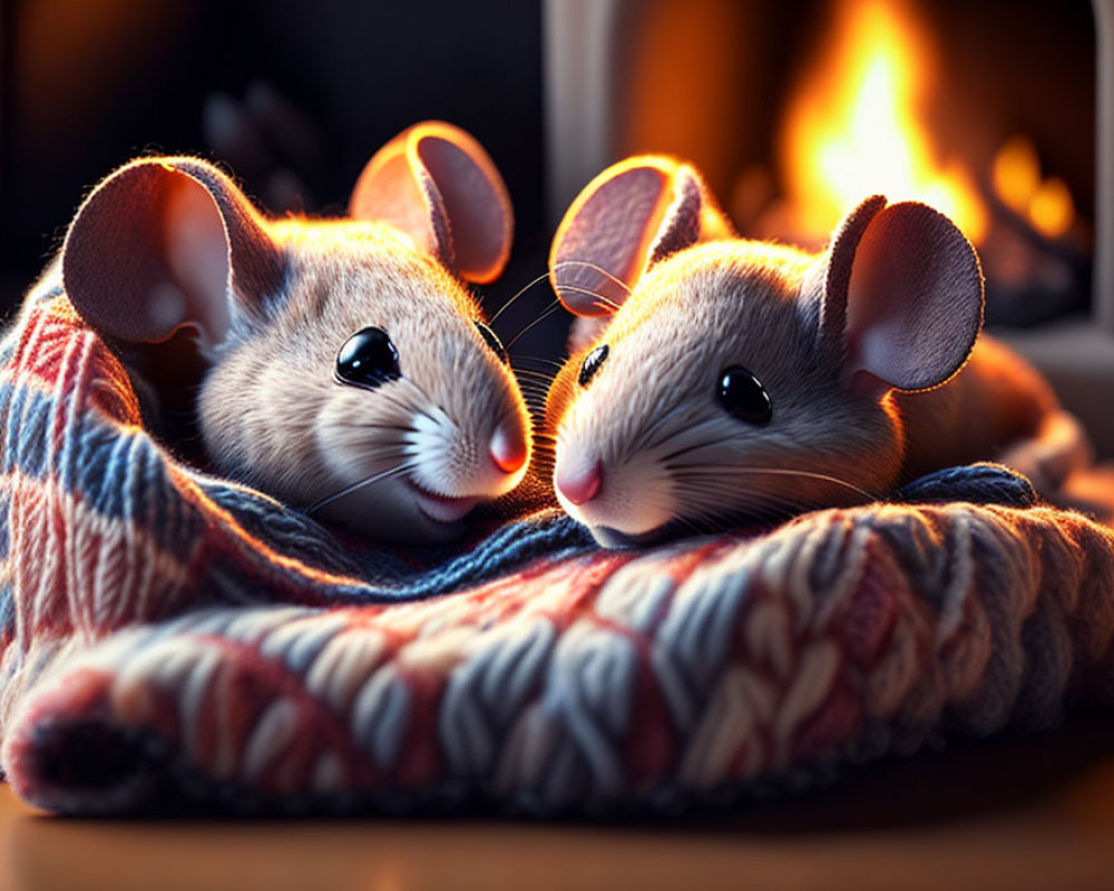 Adorable animated mice cozy under knitted blanket by fireplace