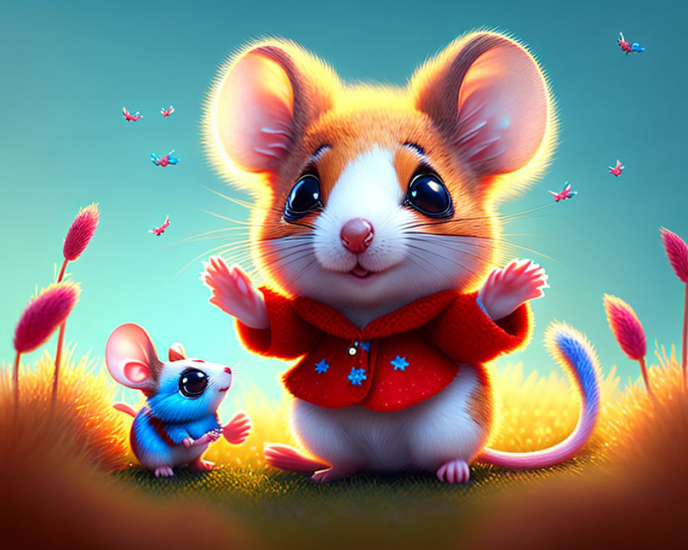 Adorable large-eyed mouse in red sweater in vibrant field.