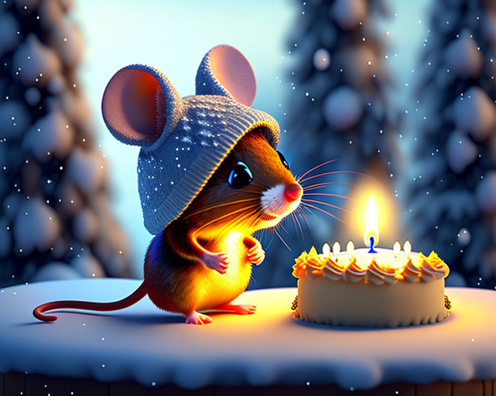 Animated mouse in winter hat with birthday cake and candle in snowy scene