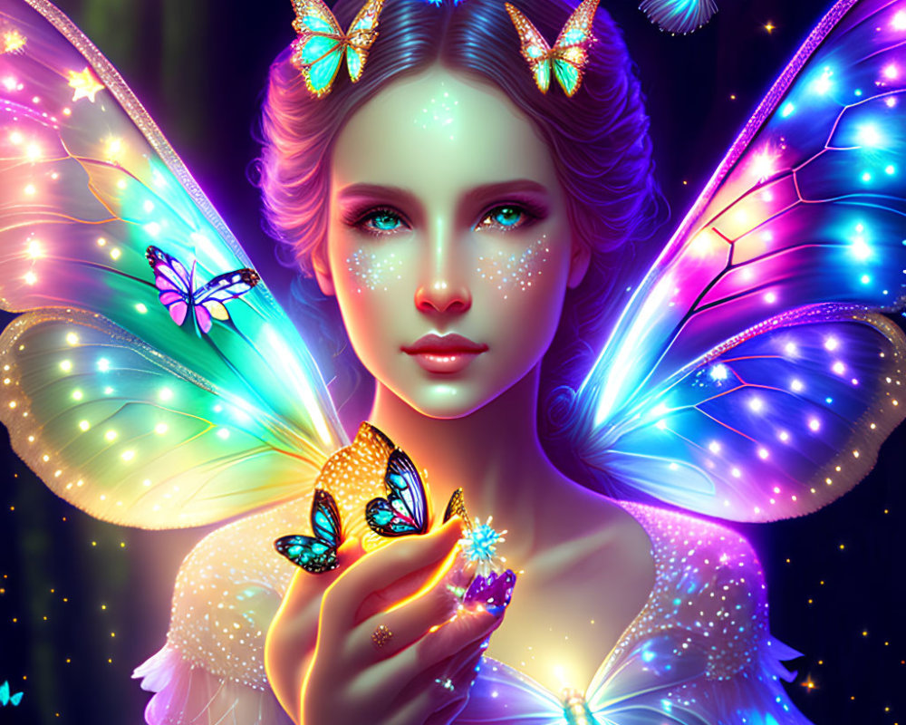 Illustration of fairy with luminescent wings and butterflies on dark background