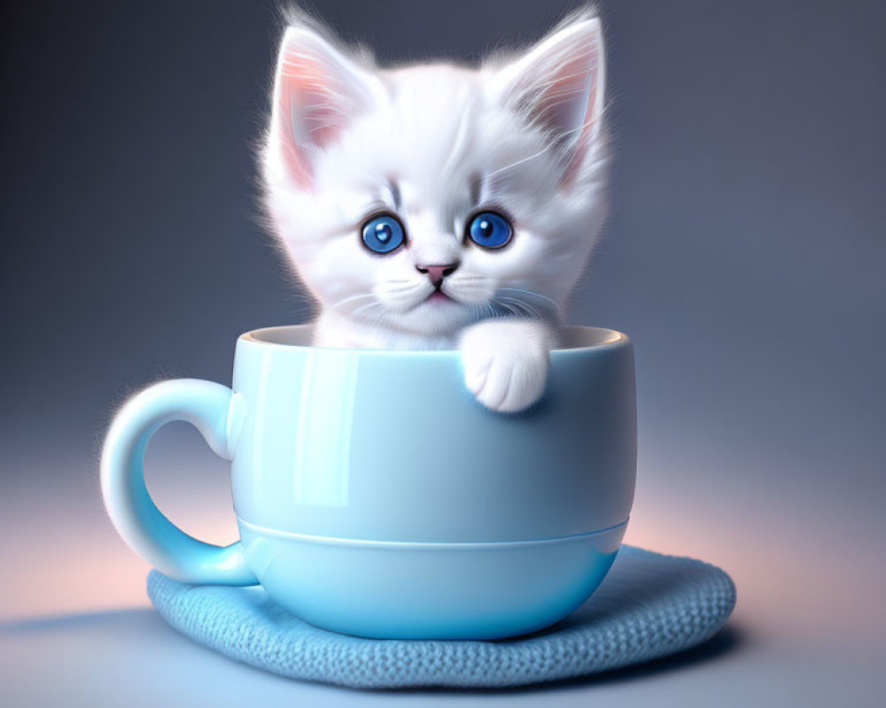 Adorable white kitten with blue eyes in light blue coffee cup