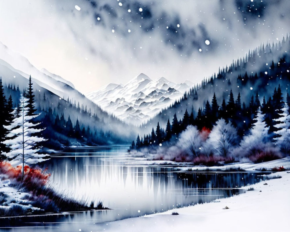 Snowy Twilight Landscape with Mountains, Forests, and Reflective Lake