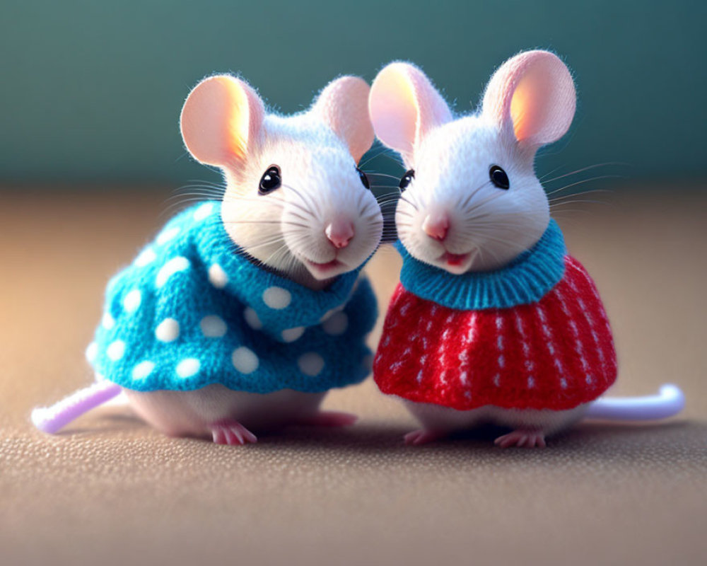 Two cute cartoon mice in polka-dotted sweaters smiling on soft-focus backdrop