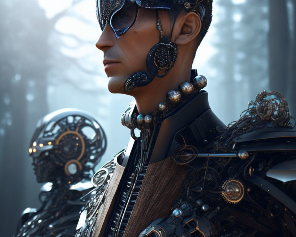 Futuristic man with cybernetic enhancements in misty forest setting