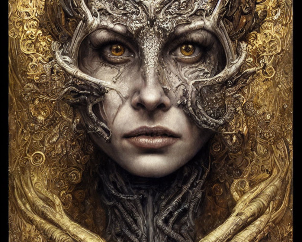 Fantasy portrait with golden ornate details and yellow eyes