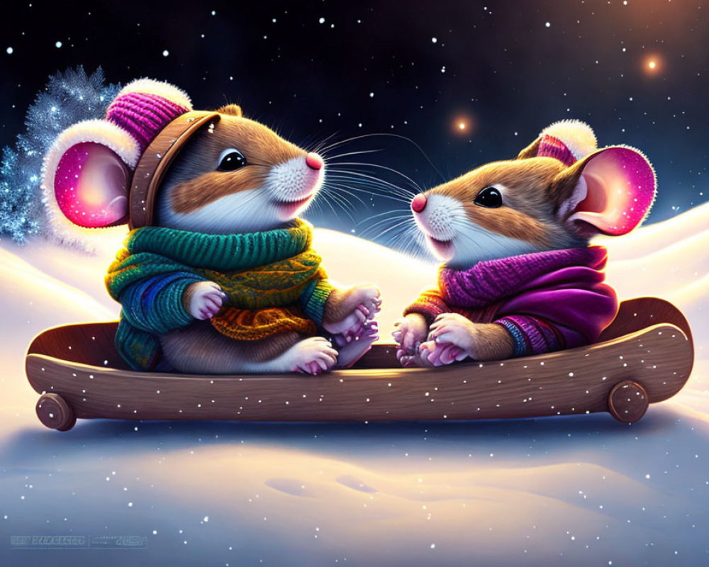 Cartoon mice in winter attire on wooden toboggan under starry sky