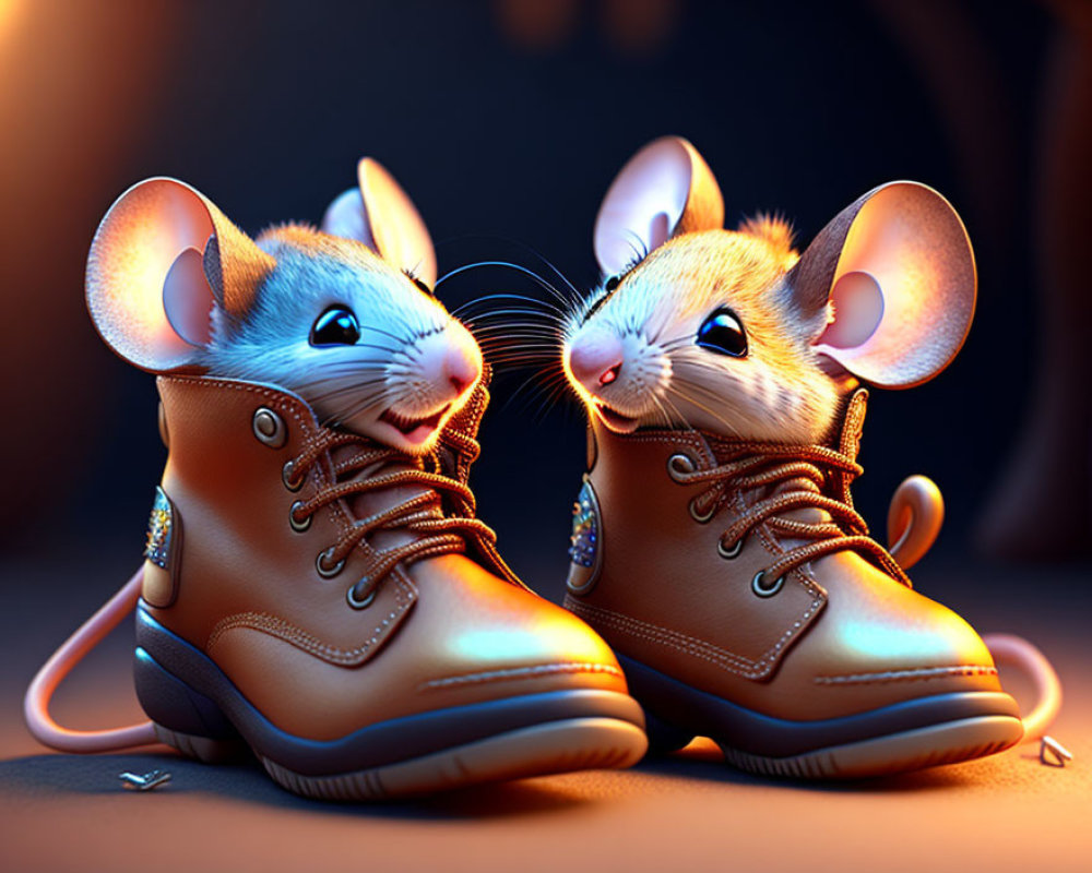 Cartoon mice in leather boots under warm light
