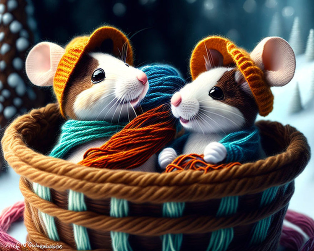 Illustrated mice in knitted hats and scarves cuddle in snowy scene