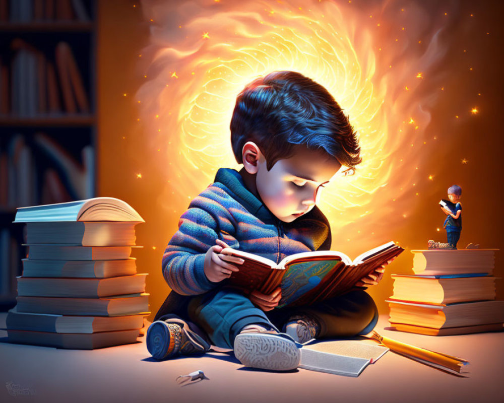 Child Reading Book with Glowing Illustrations and Magical Portal