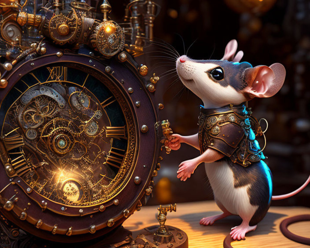 Steampunk-themed anthropomorphic mouse with clockwork device and gears