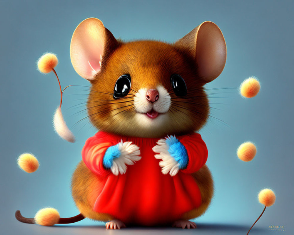 Animated mouse in red sweater and blue gloves with dandelion seeds.