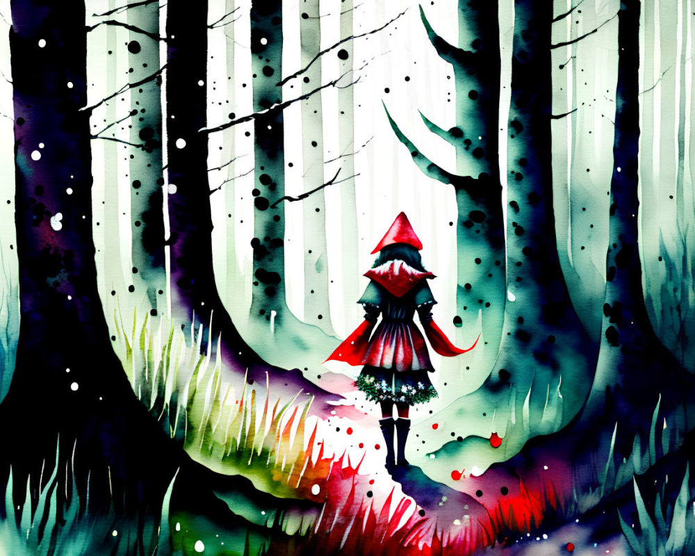 Colorful Watercolor Illustration: Person in Red Cloak in Fantastical Forest