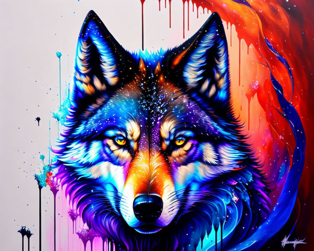 Colorful Wolf's Head Artwork with Cosmic Pattern and Paint Drips