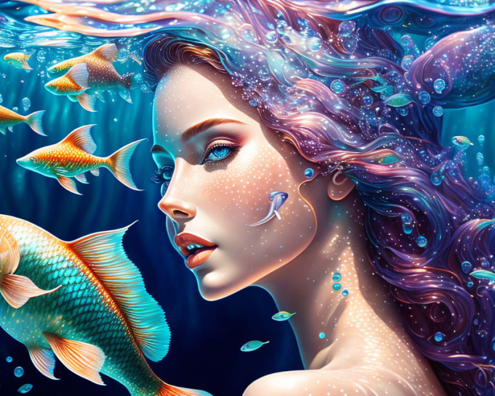 Colorful underwater illustration of woman with fish in vibrant blues and orange