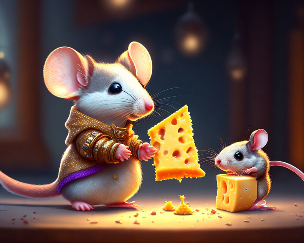Regal and small cartoon mice share cheese in cozy setting