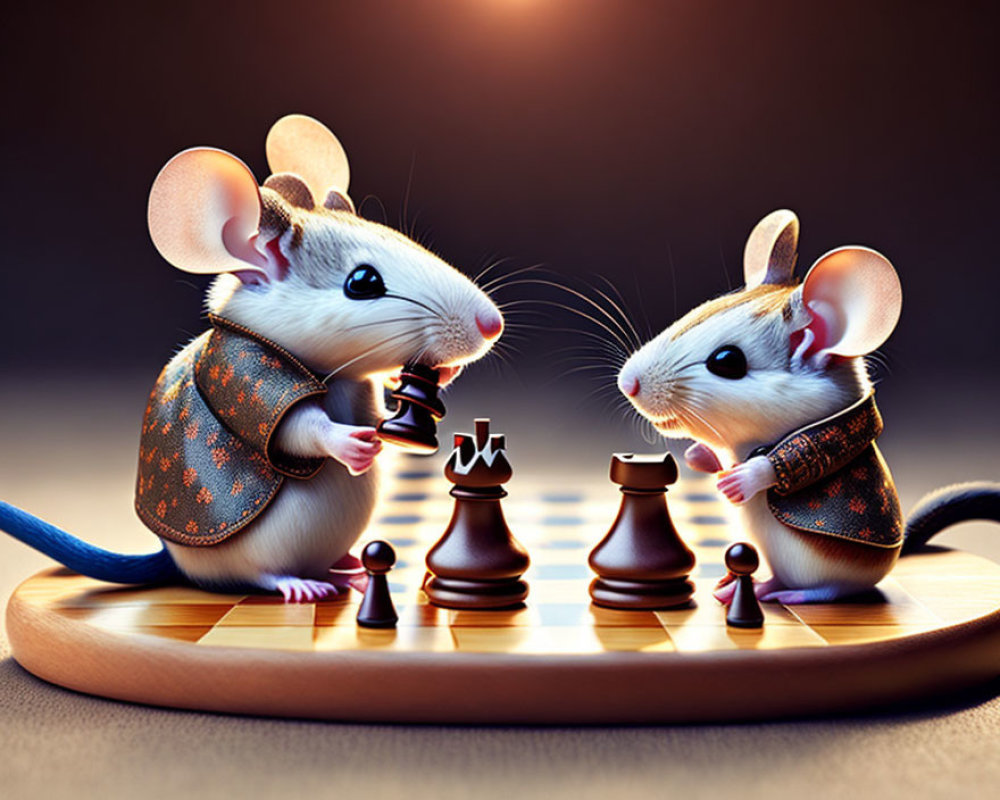 Animated mice in coats playing chess with black knight piece