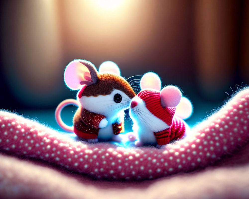 Two animated mice with heart on pink fabric against warm background