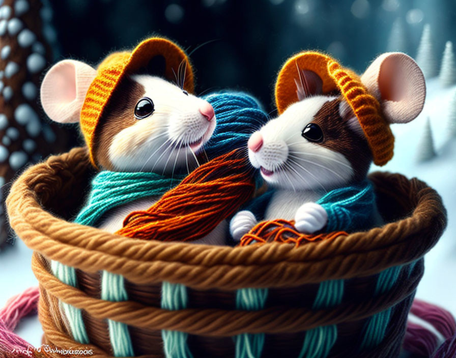 Illustrated mice in knitted hats and scarves cuddle in snowy scene