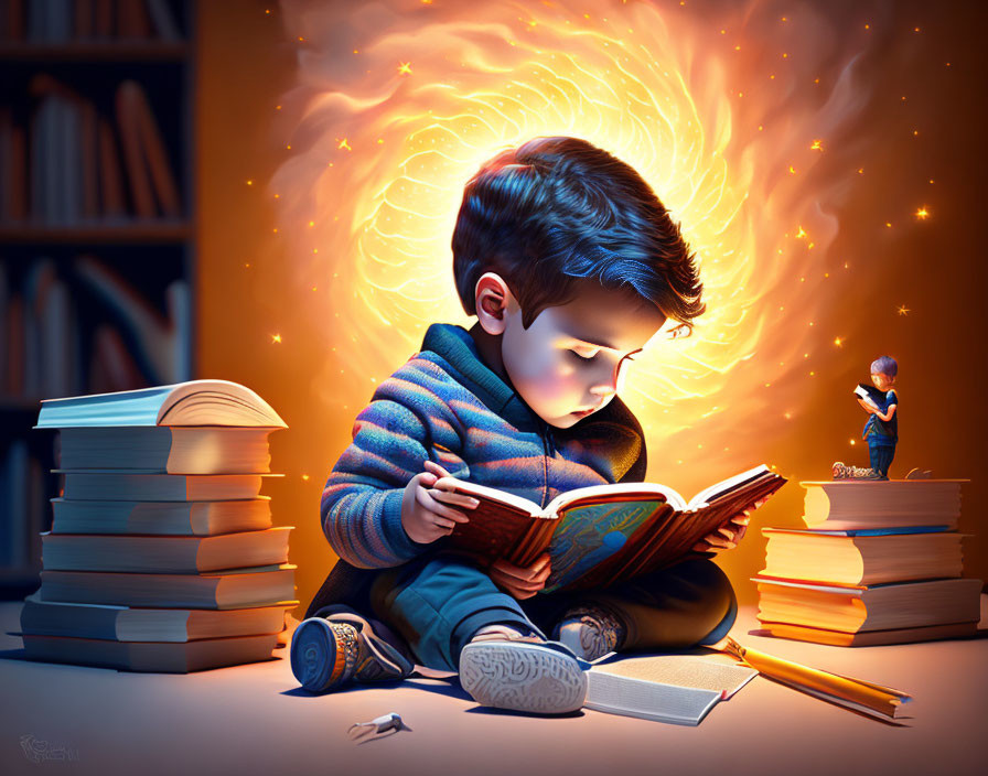Child Reading Book with Glowing Illustrations and Magical Portal