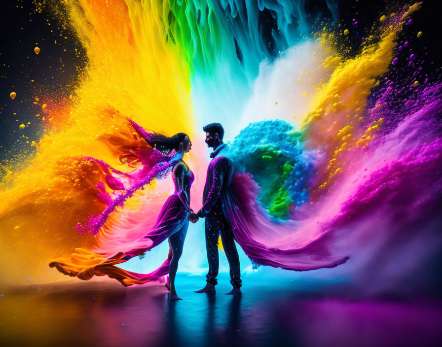 Silhouette of couple holding hands in colorful powder explosion