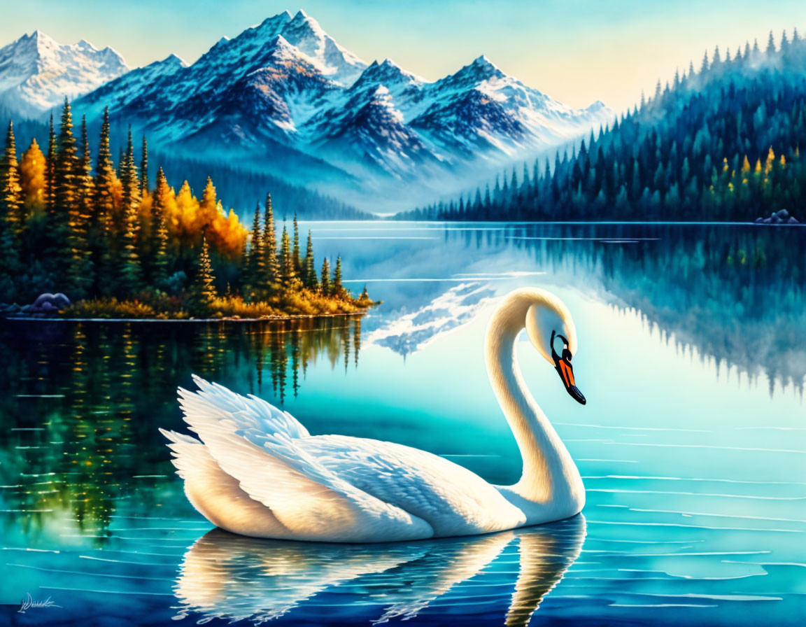 Majestic swan on serene lake with autumn trees and snow-capped mountains