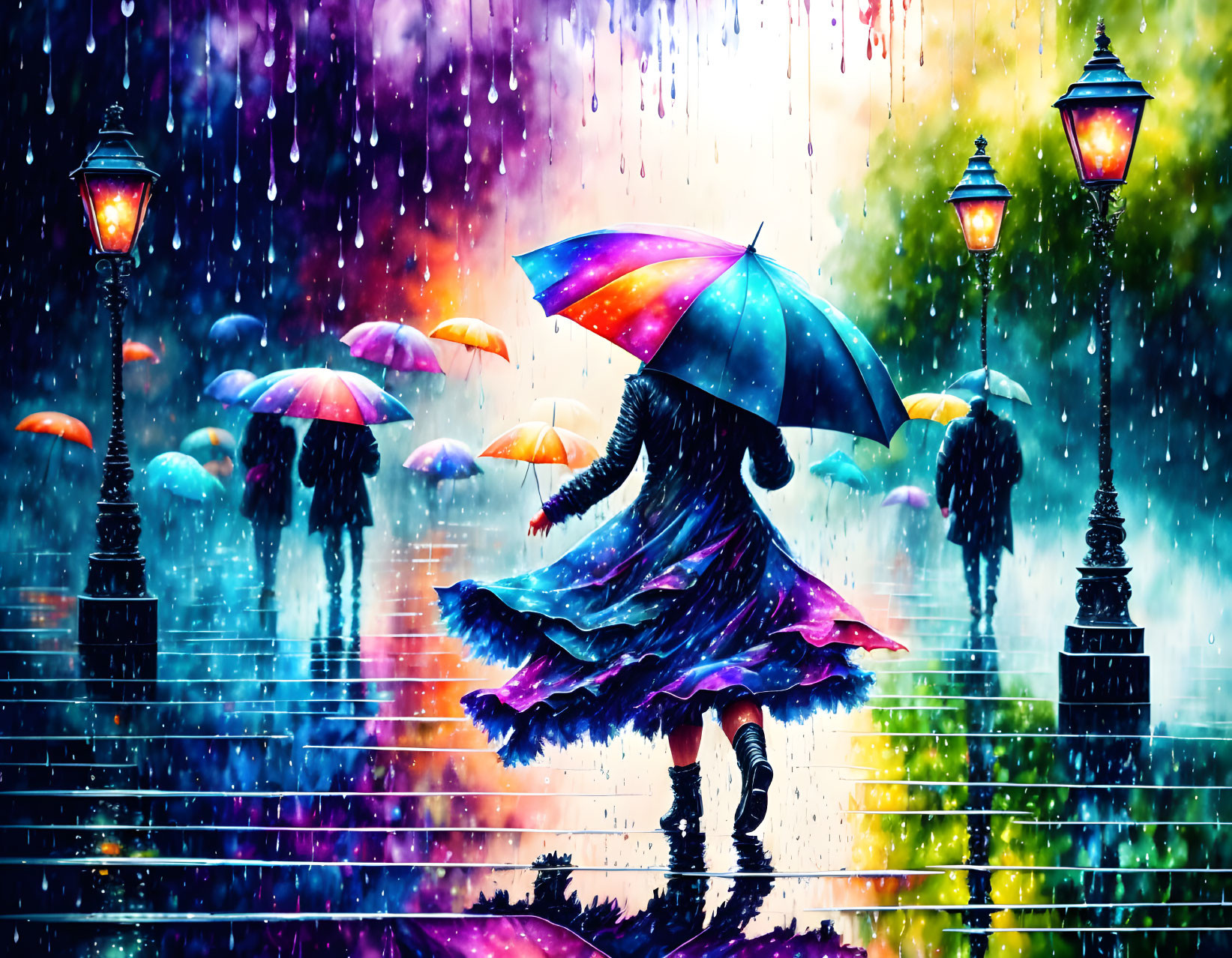 Colorful painting of person with umbrella on rain-soaked street at night