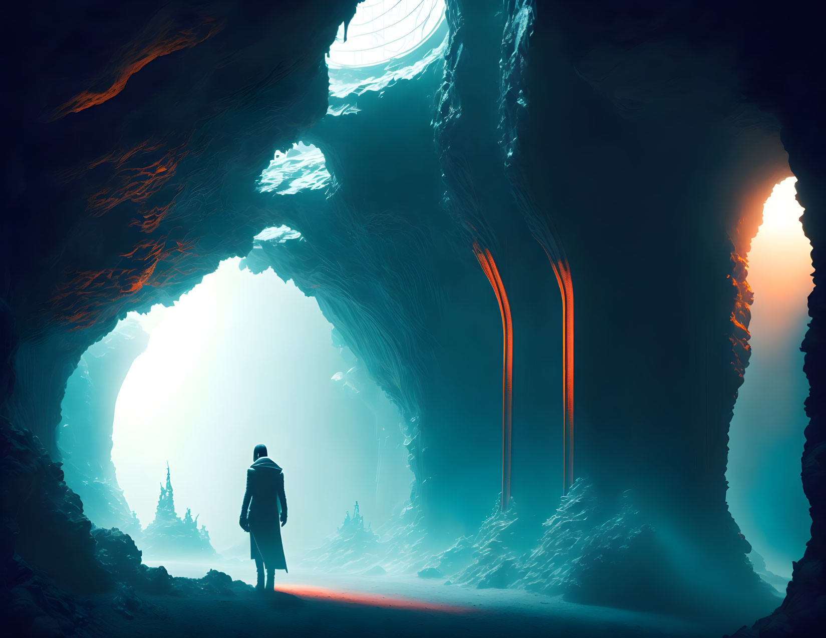 Solitary figure at entrance of illuminated cave with light beams and trees in the distance
