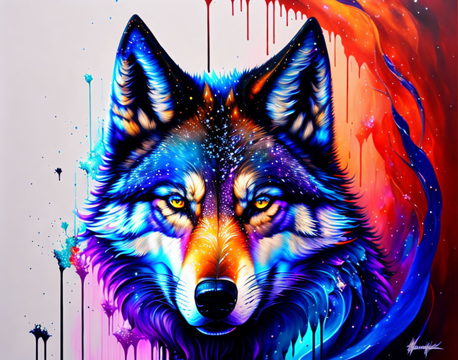 Colorful Wolf's Head Artwork with Cosmic Pattern and Paint Drips
