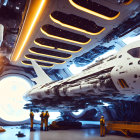 Futuristic spaceship in high-tech hangar with figures in yellow suits