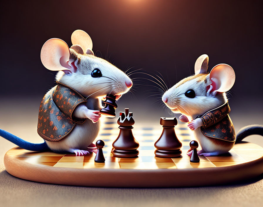 Animated mice in coats playing chess with black knight piece