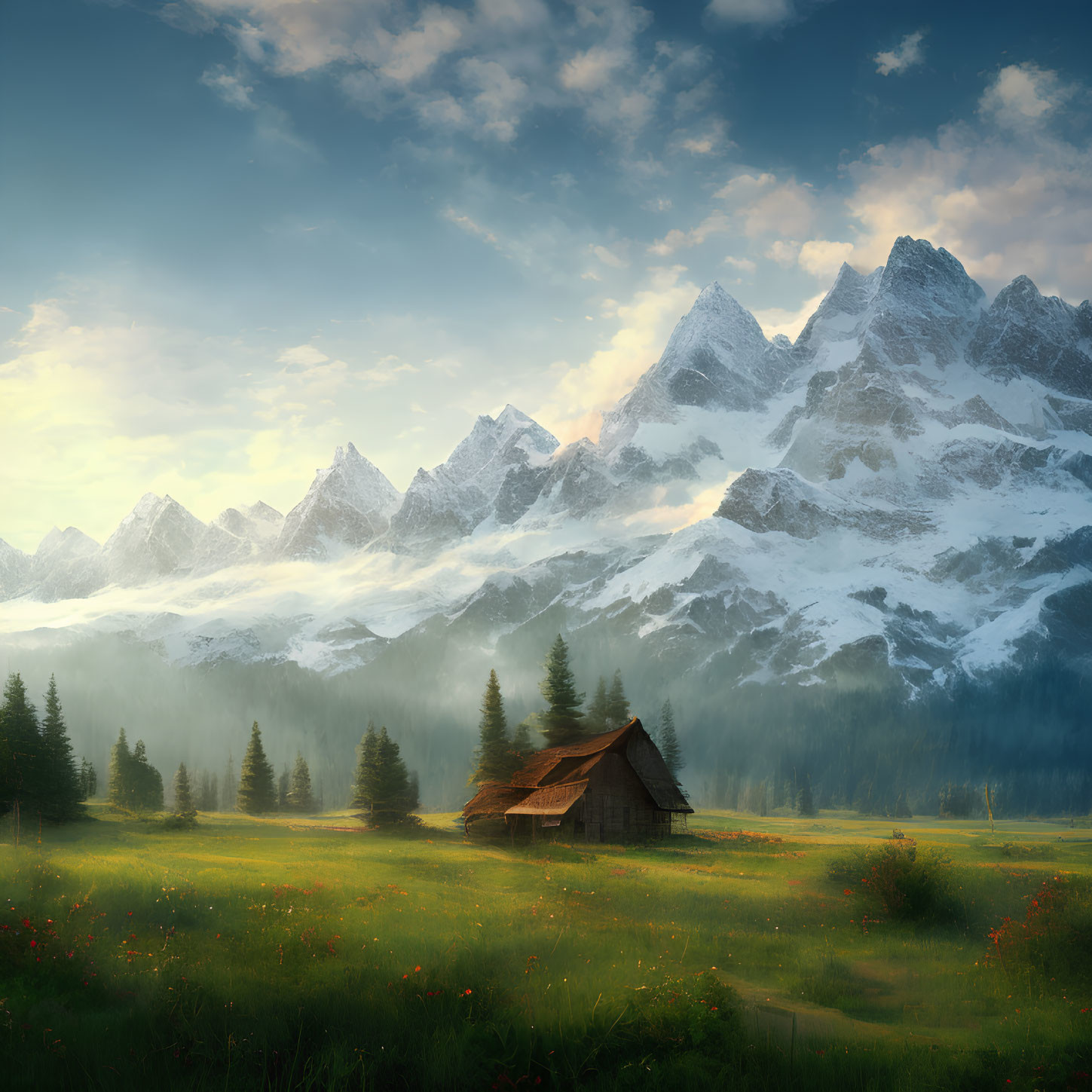 Serene landscape with wooden cabin, pine trees, snow-capped mountains, and glowing sunrise