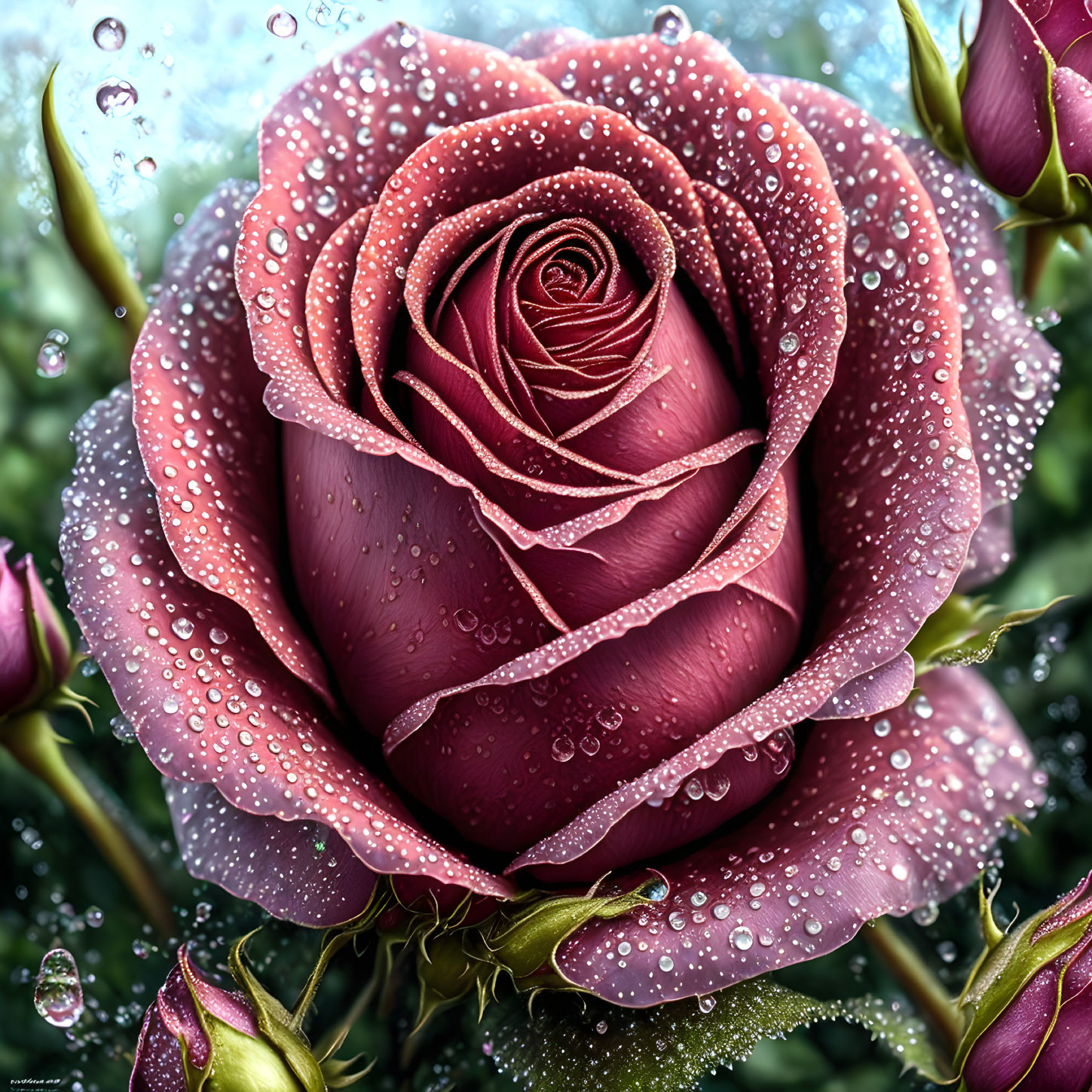 Close-up of dew-covered rose with soft pink petals and budding flowers.
