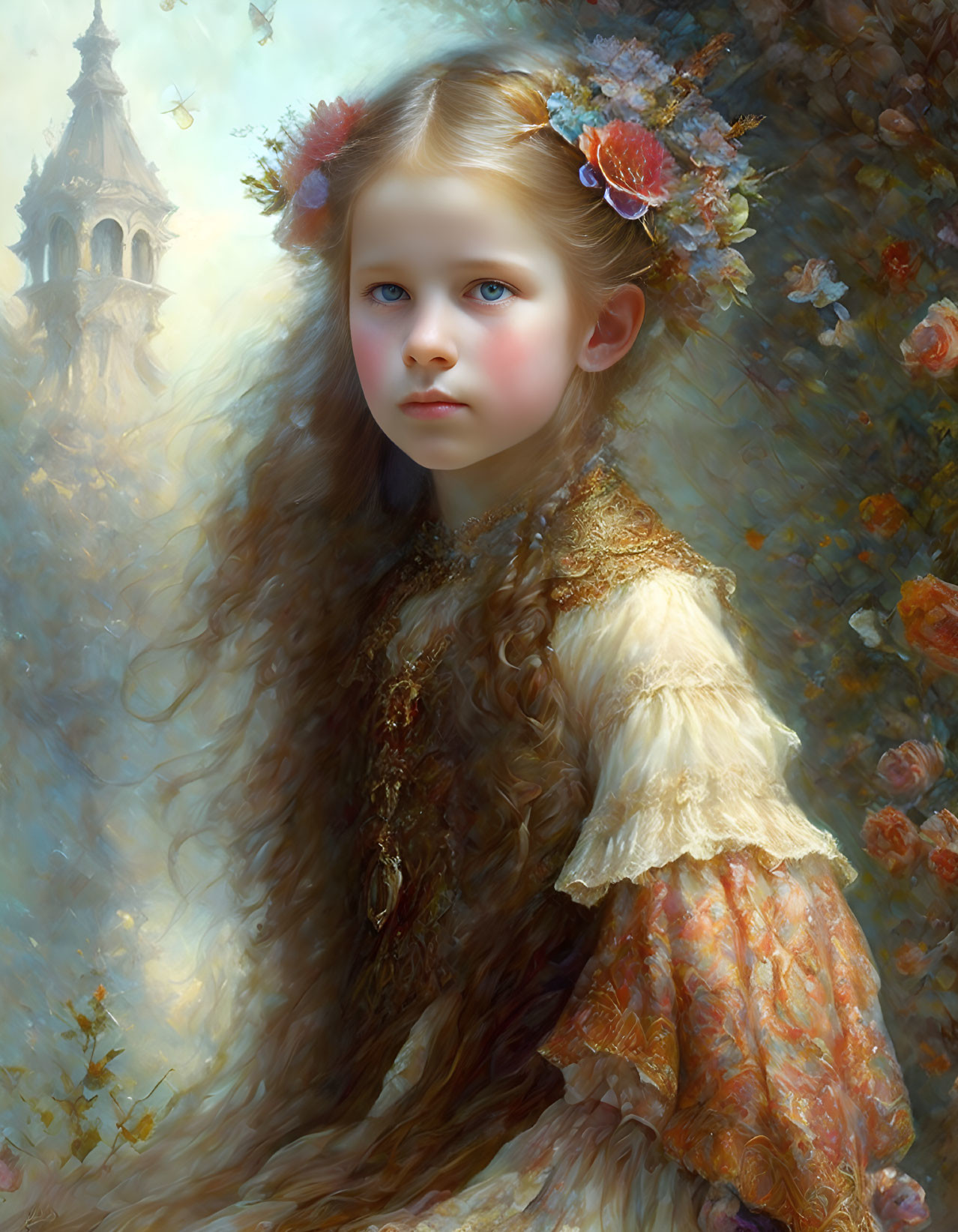 Young girl portrait with blue eyes, floral headpieces, vintage dress, and tower backdrop.