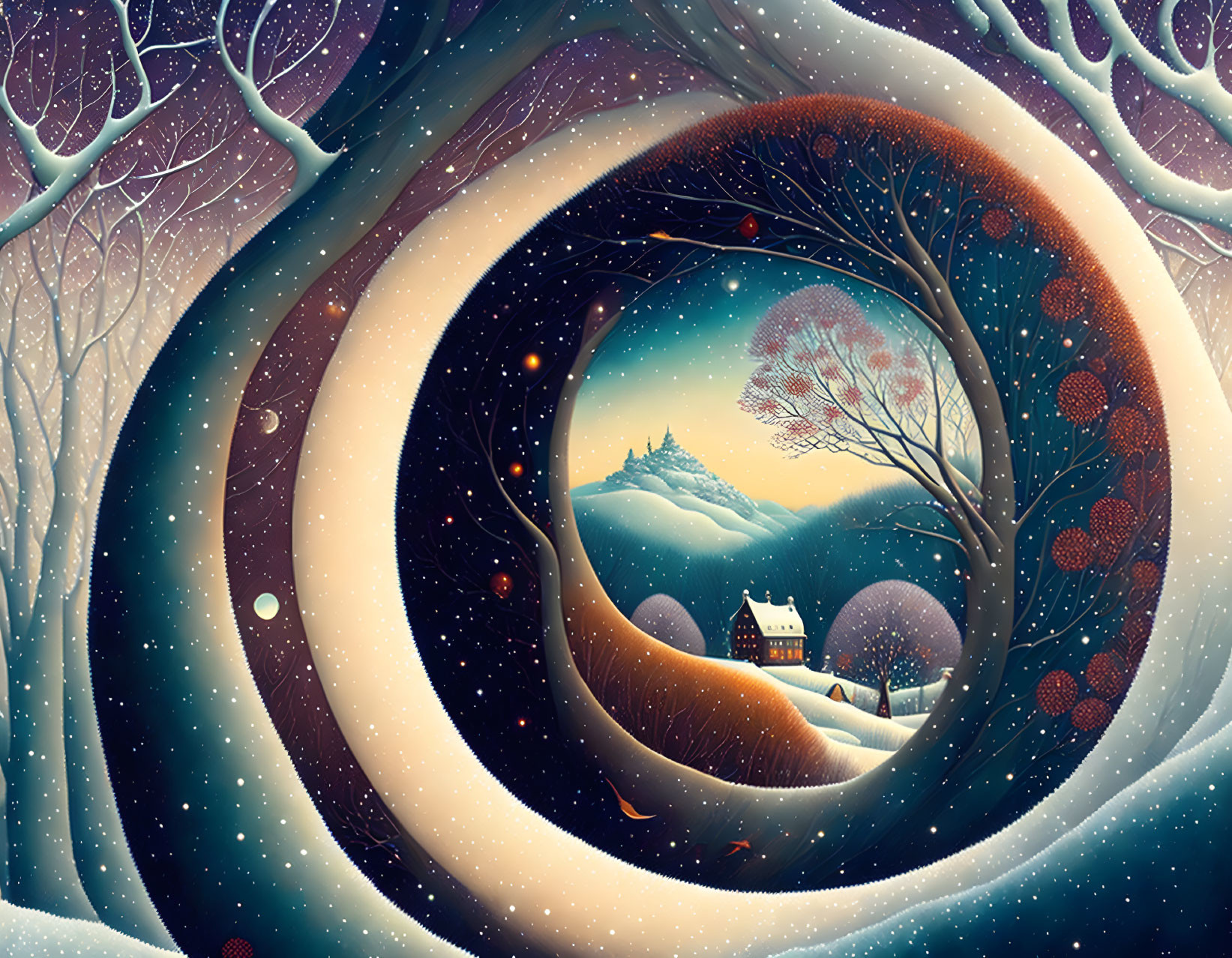 Whimsical winter landscape with village, castle, and swirling skies