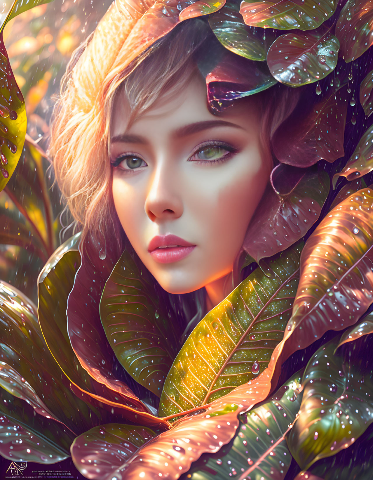Colorful Foliage Digital Artwork: Woman's Face with Water Droplets