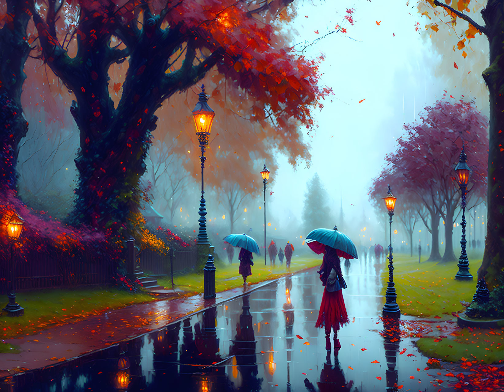 Colorful Autumn Scene: Two People with Umbrellas Walking Among Falling Leaves and Street Lamps