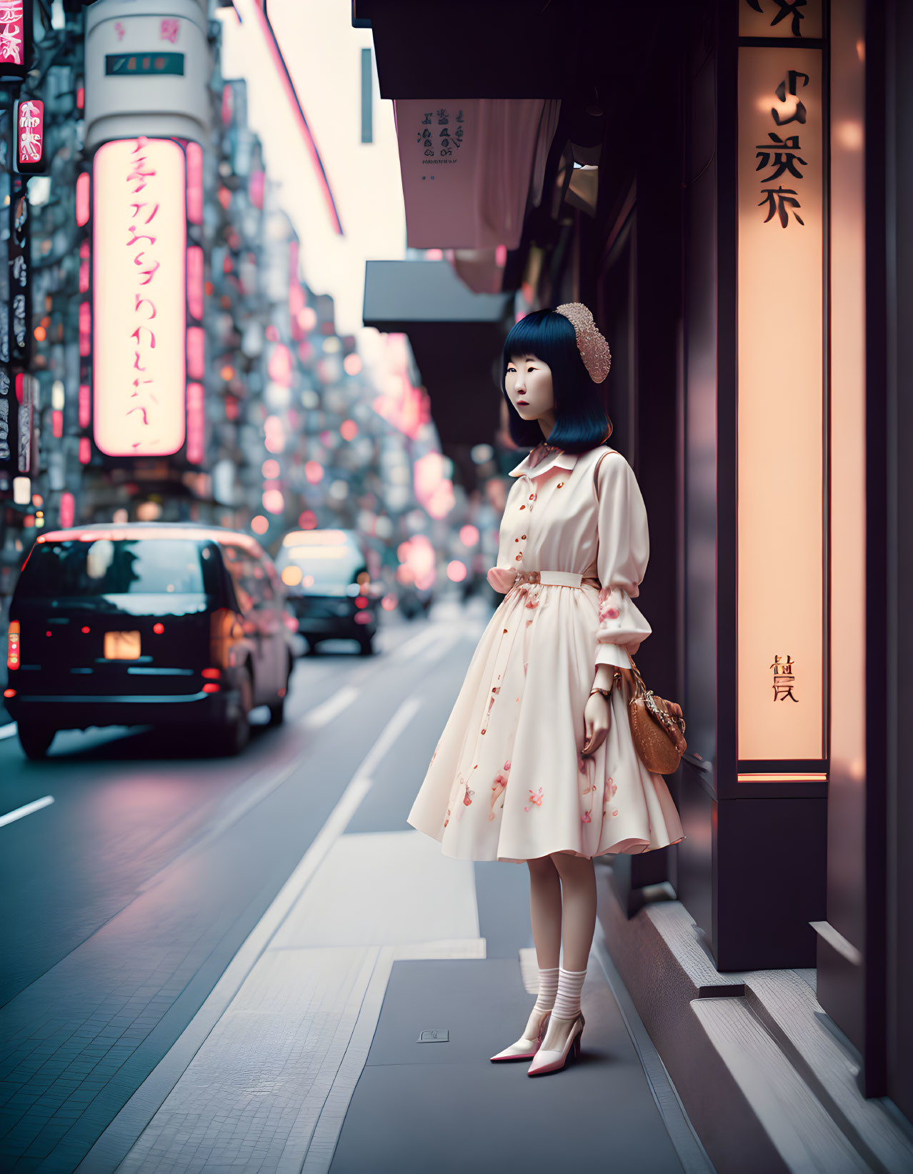 Woman in Floral Dress on City Street at Dusk with Japanese Signage and Neon Lights