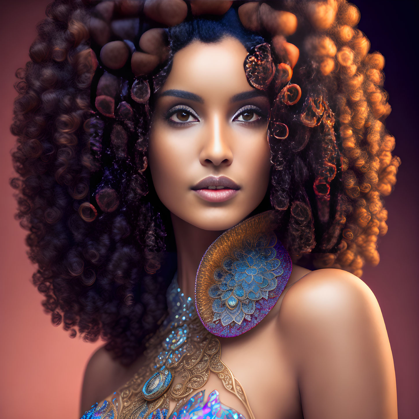 Woman with Voluminous Curly Hair and Ornate Earring in Blue Patterned Garment