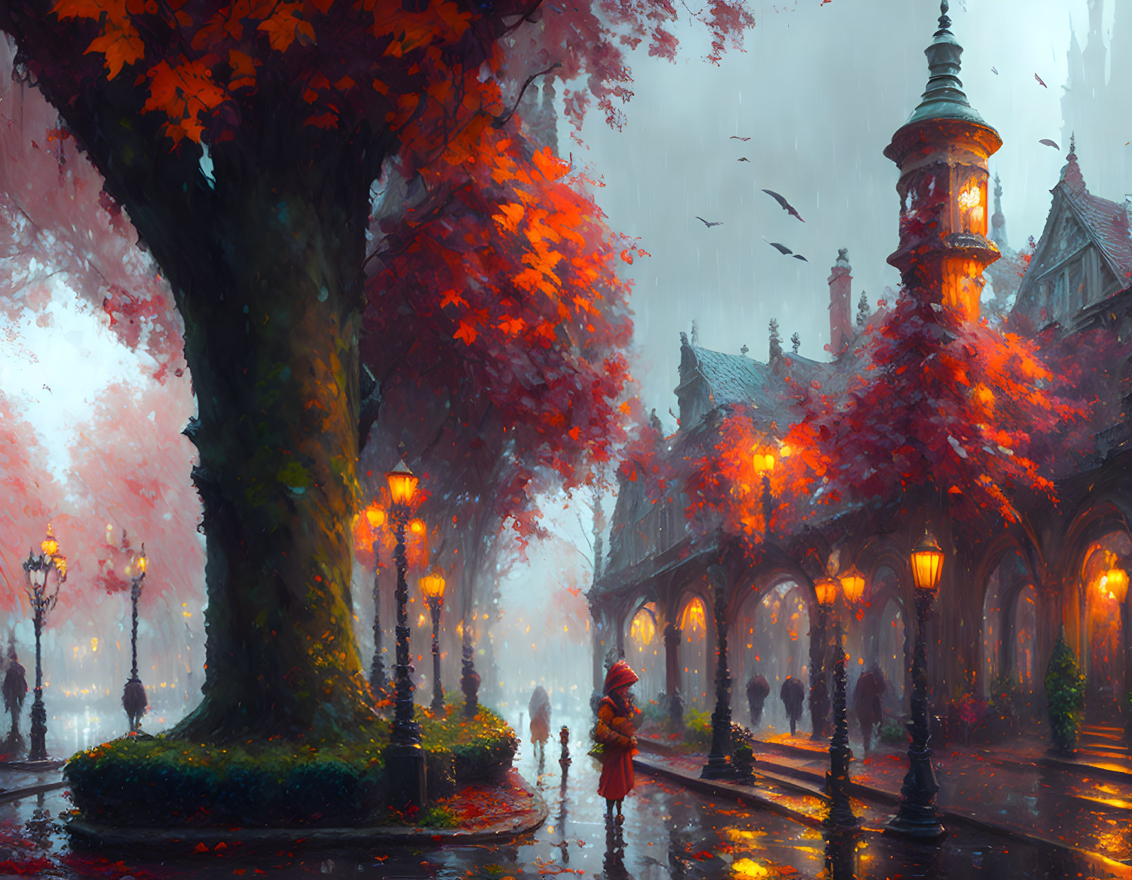 Illustration of Misty Cobblestone Street with Autumn Trees and Red-Cloaked Figure