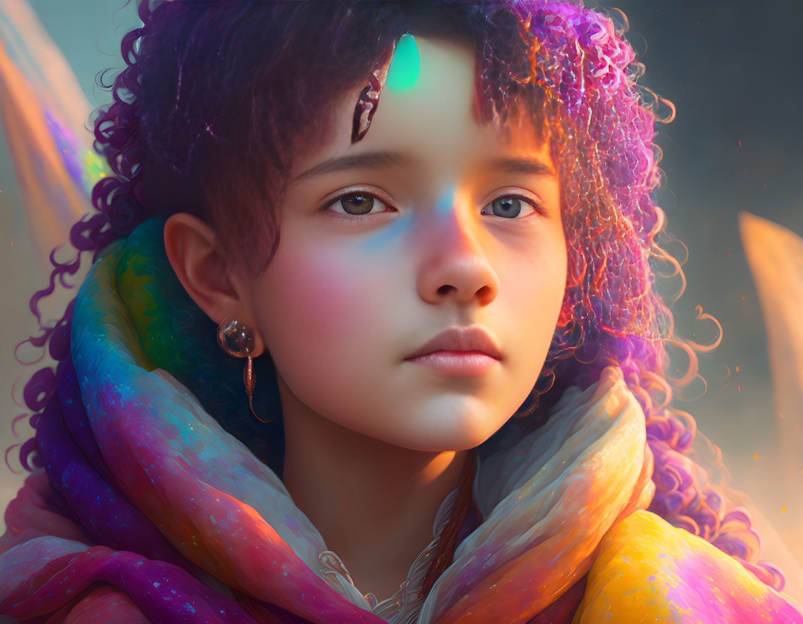Child's Digital Portrait: Curly Hair, Colorful Attire, Serene Expression