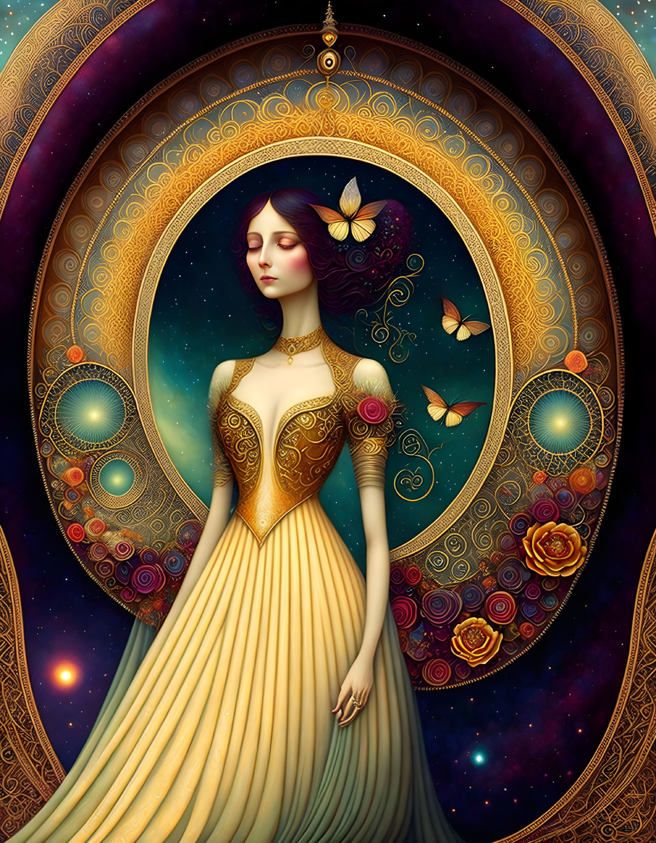 Ethereal woman in flowing gown surrounded by celestial circle and nature elements