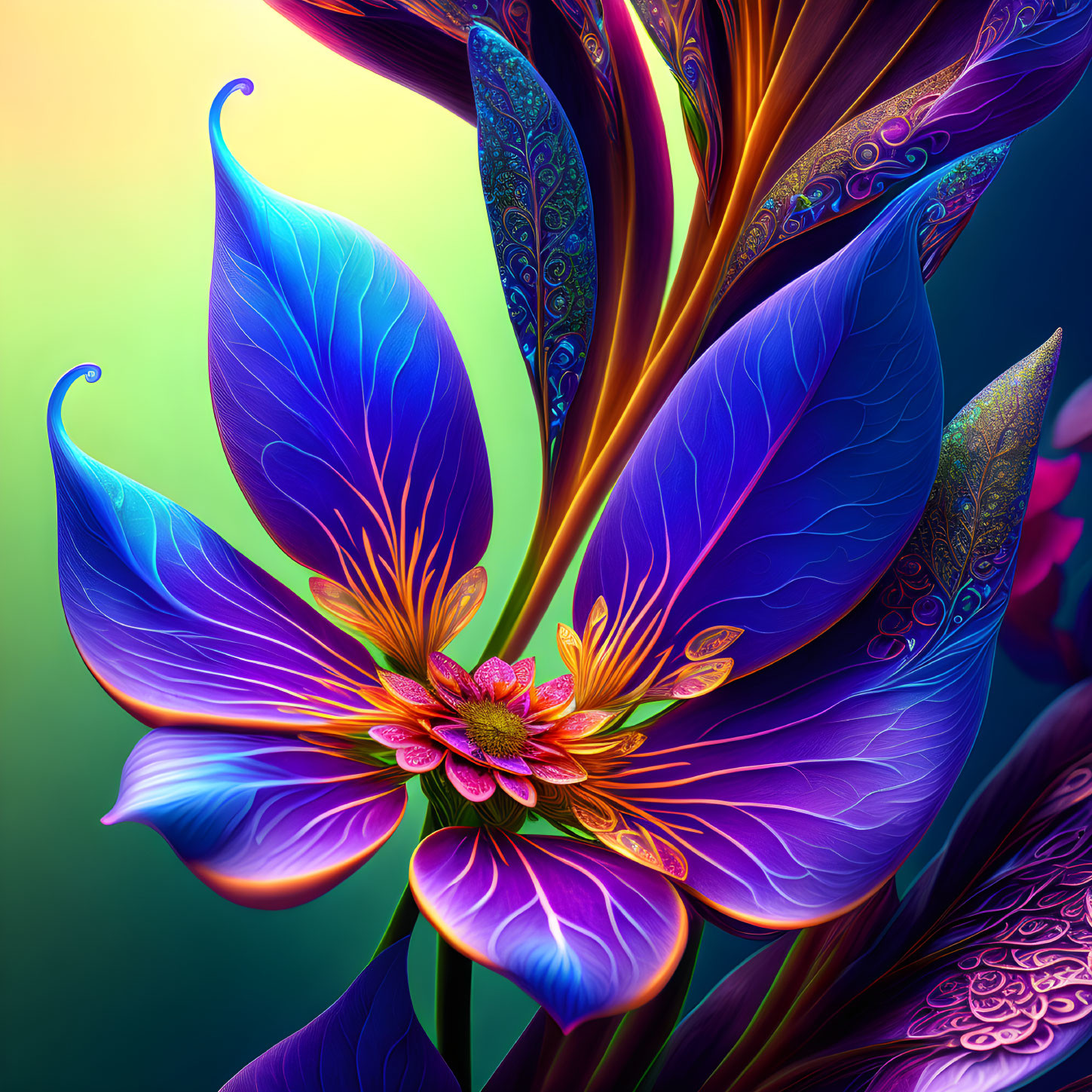 Colorful digital art: stylized flower with blue and purple petals