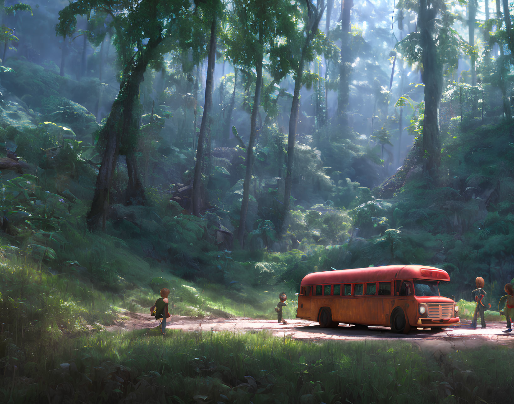Children exiting vintage yellow school bus in forest sunlight.