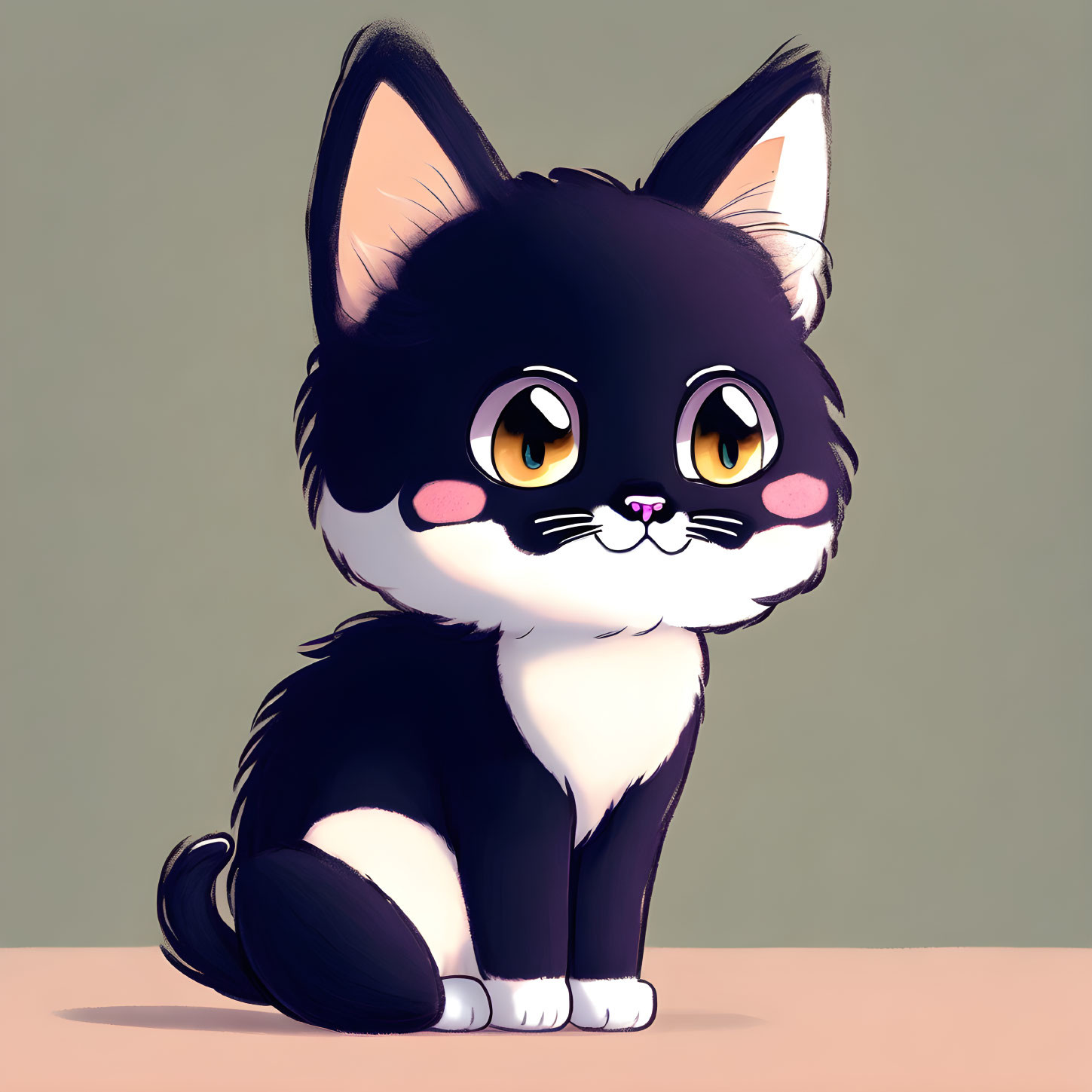 Adorable black and white kitten illustration with large eyes