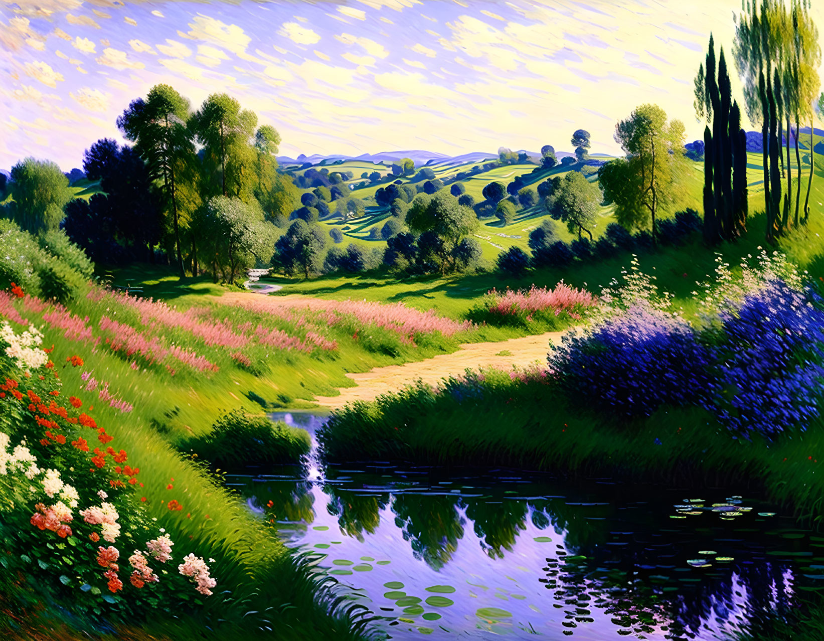Colorful landscape with green hills, wildflowers, and a reflective river